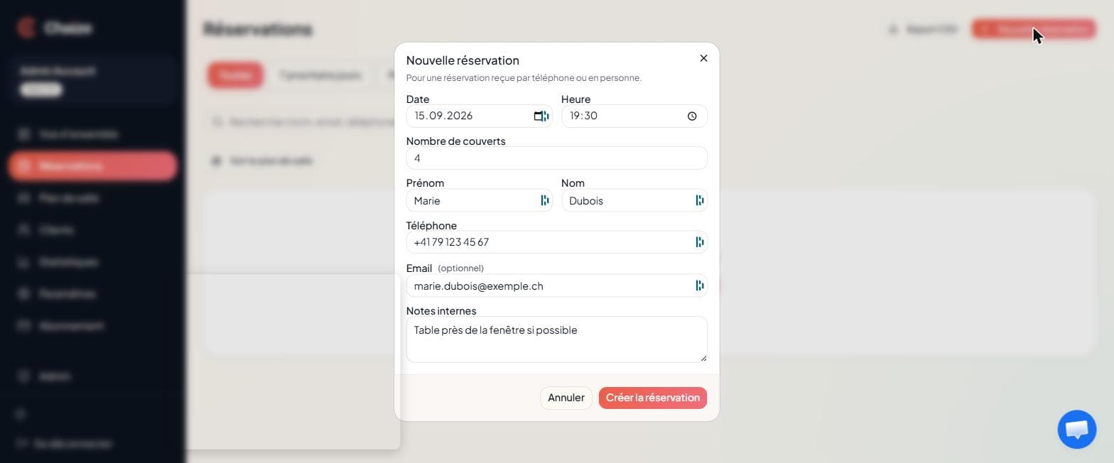 Complété : nom, téléphone, email et note de salle.