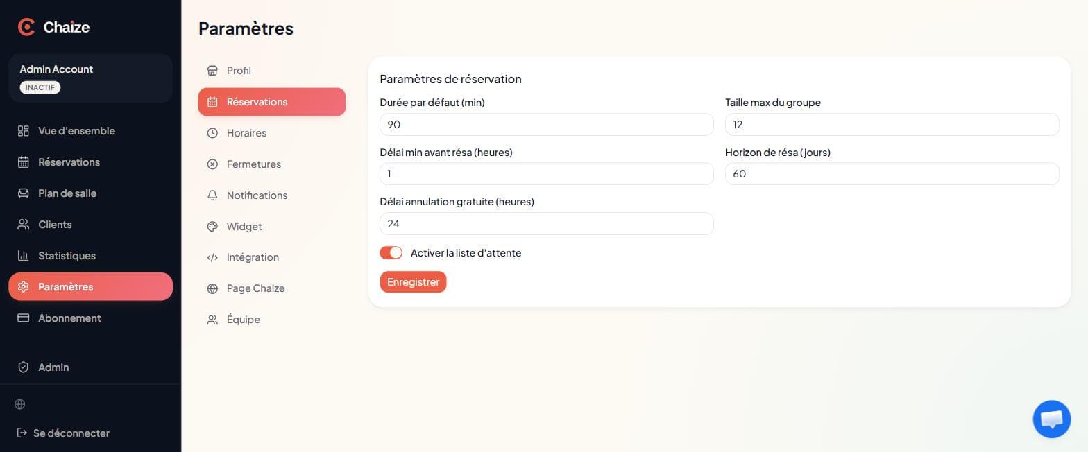 Règles de réservation : durée, délais, horizon.