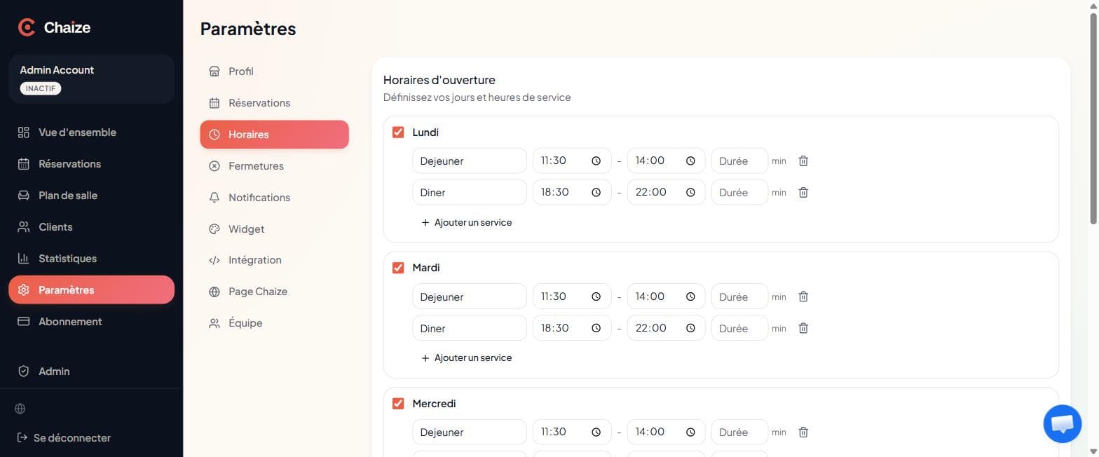 Horaires — plusieurs services par jour.