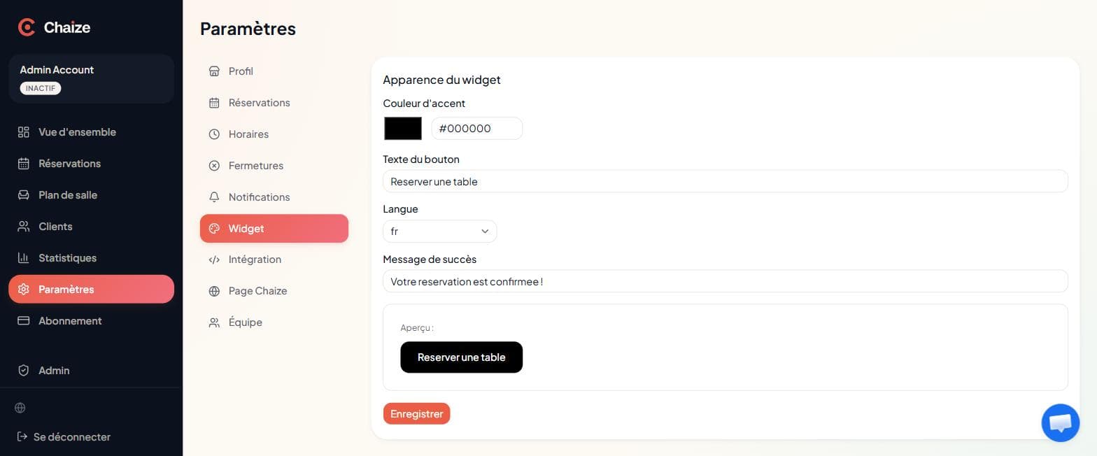 Apparence du widget, avec aperçu.
