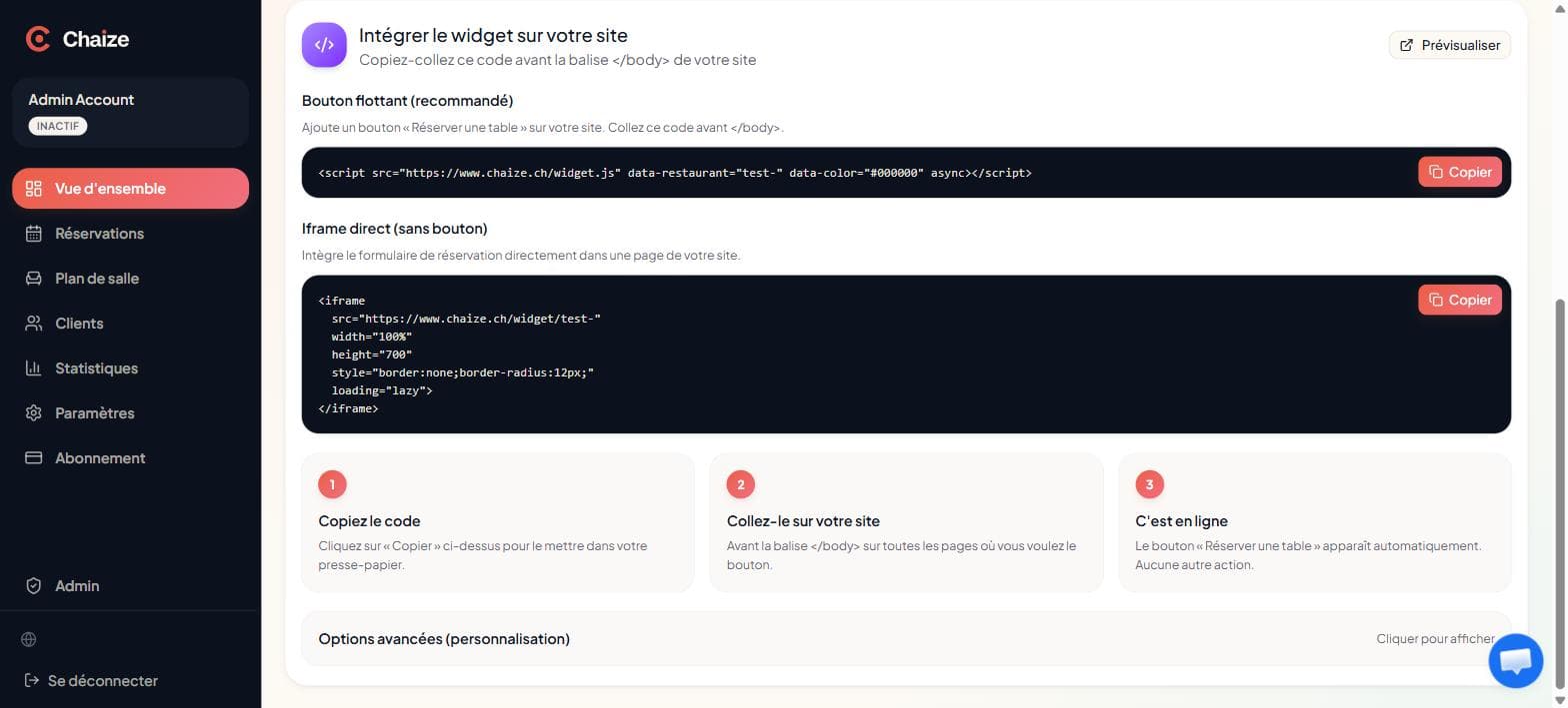 Le code d'intégration, avec bouton de copie.